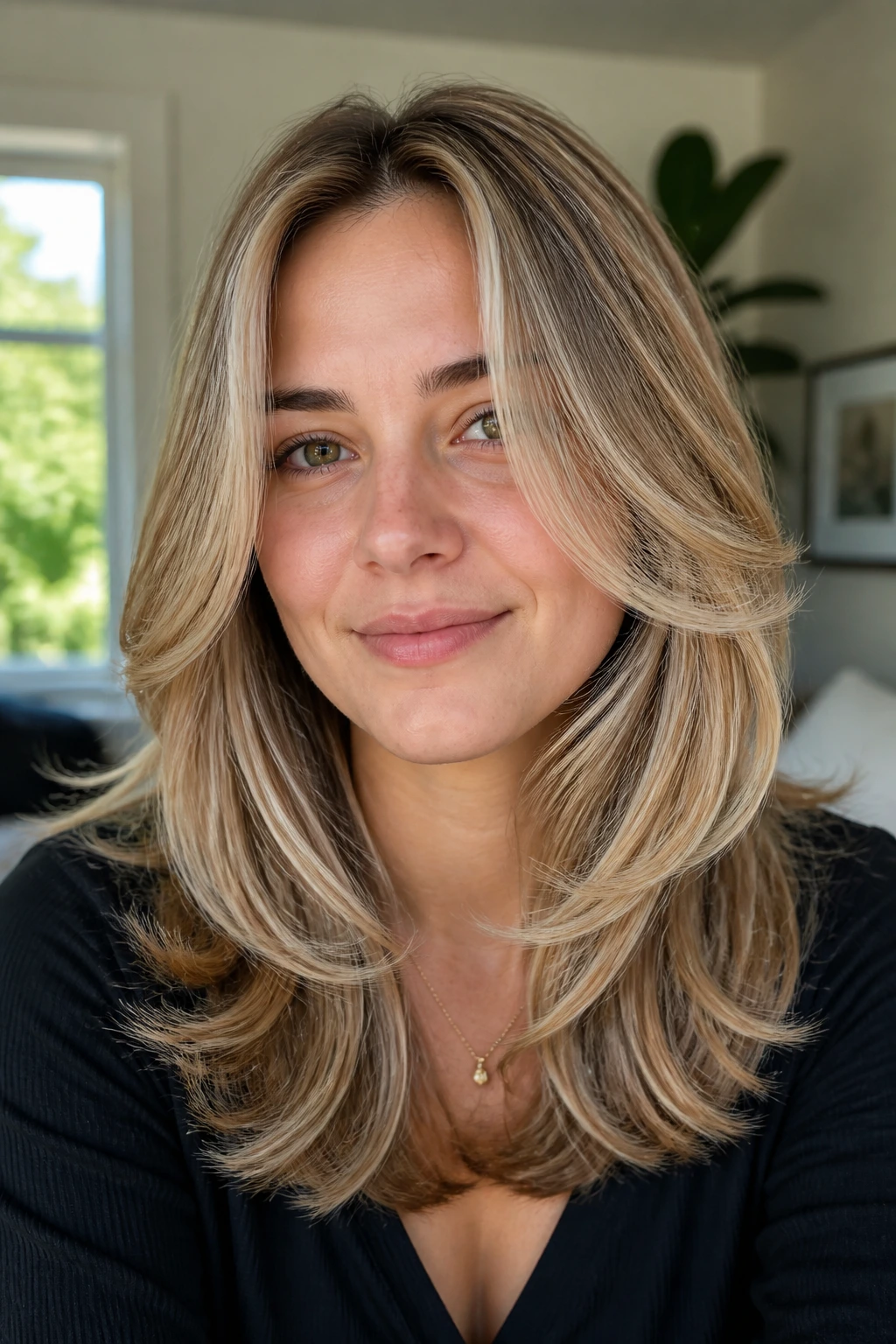 Close-up of real woman with midlength C-cut layers and ribbon highlights