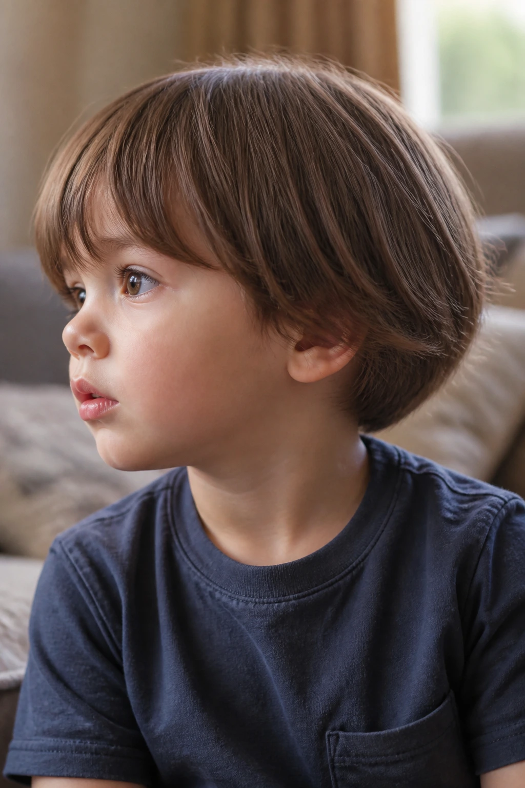 Close-up of a toddler boy with a C-cut rounded bob in a cozy living room.