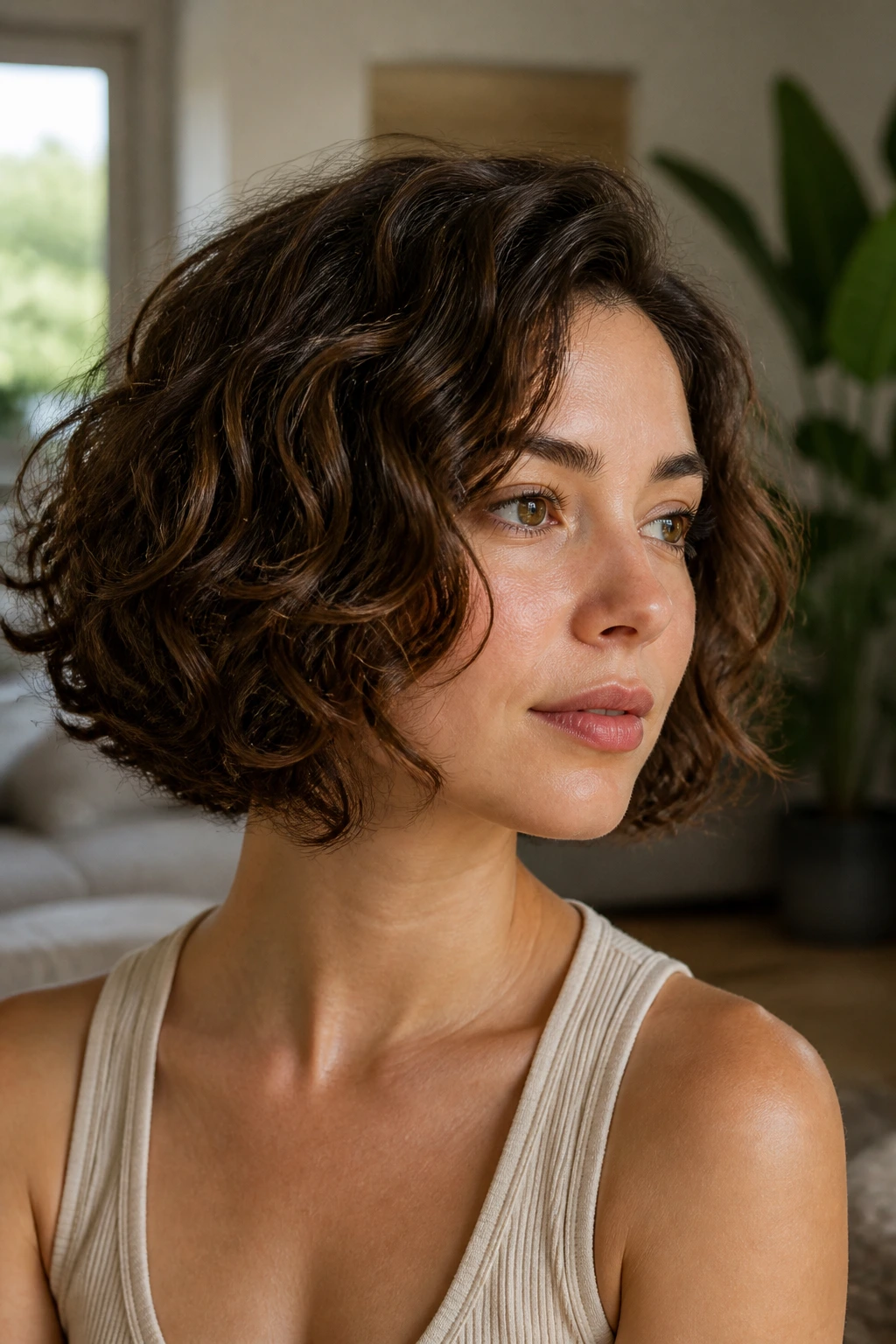 Close-up of a real woman showing a C-shaped curly bob with inward ends