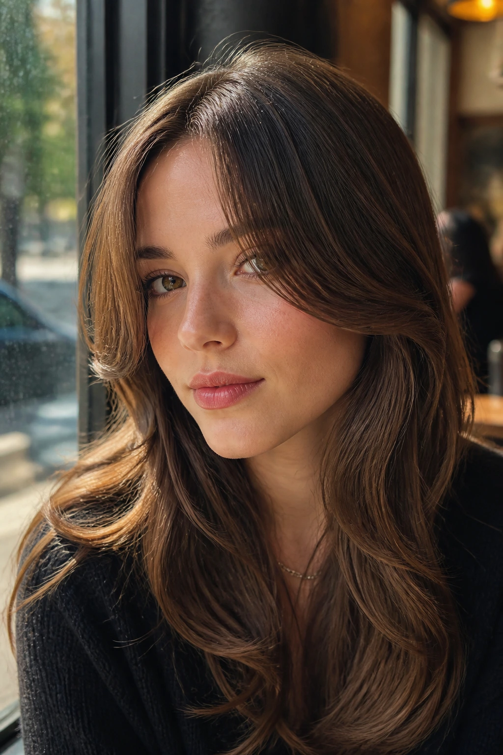 Portrait of real person with a curved C-shape fringe around the face