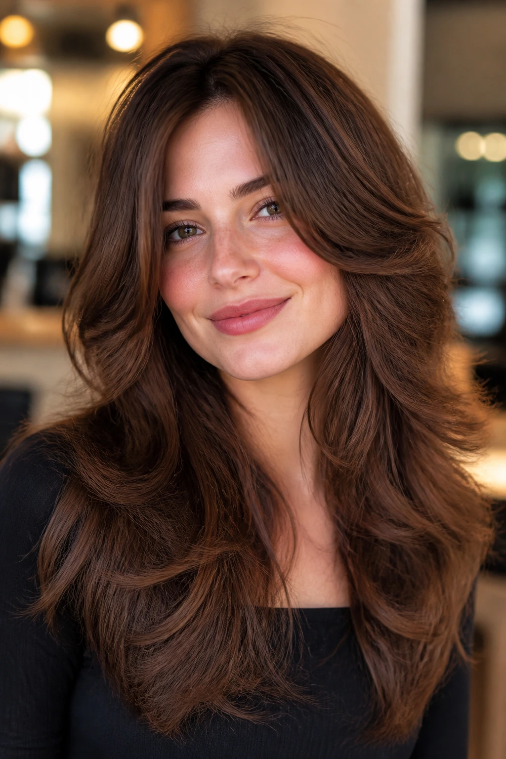 Close-up portrait of a real woman with a C-shape layered shag and soft face-framing around the cheekbones