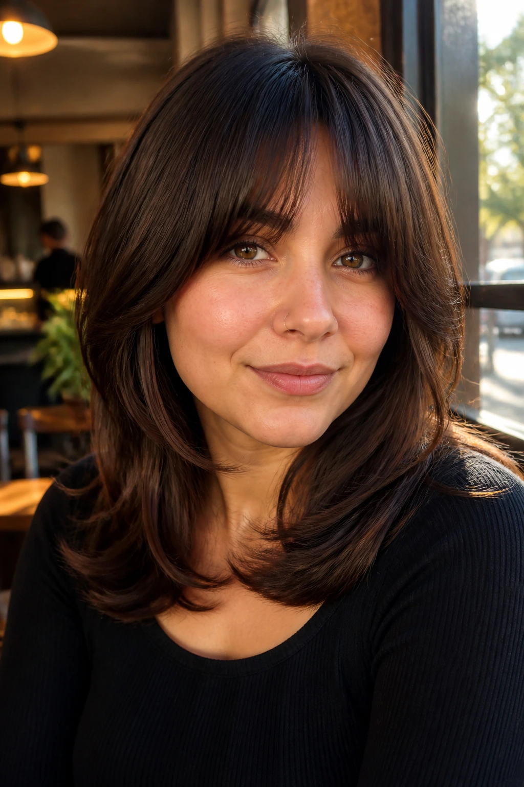 Portrait of a real woman with C-shaped layers and brow-grazing bangs in natural daylight