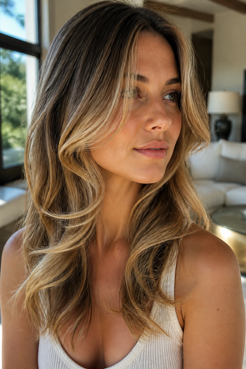 Woman with C-shaped layers framing cheeks in natural light