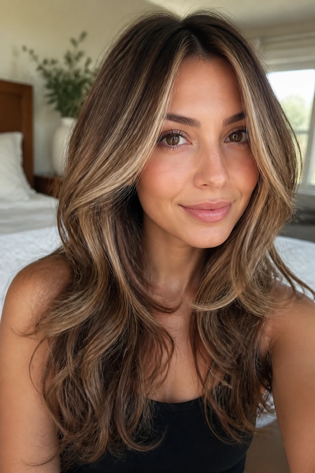 Close-up of a real woman showing C-shape layers curved face framing on long wavy hair with babylights