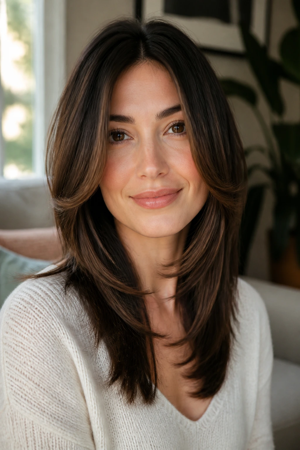 Close-up portrait of a real woman with C-shaped face-framing layers around the cheeks