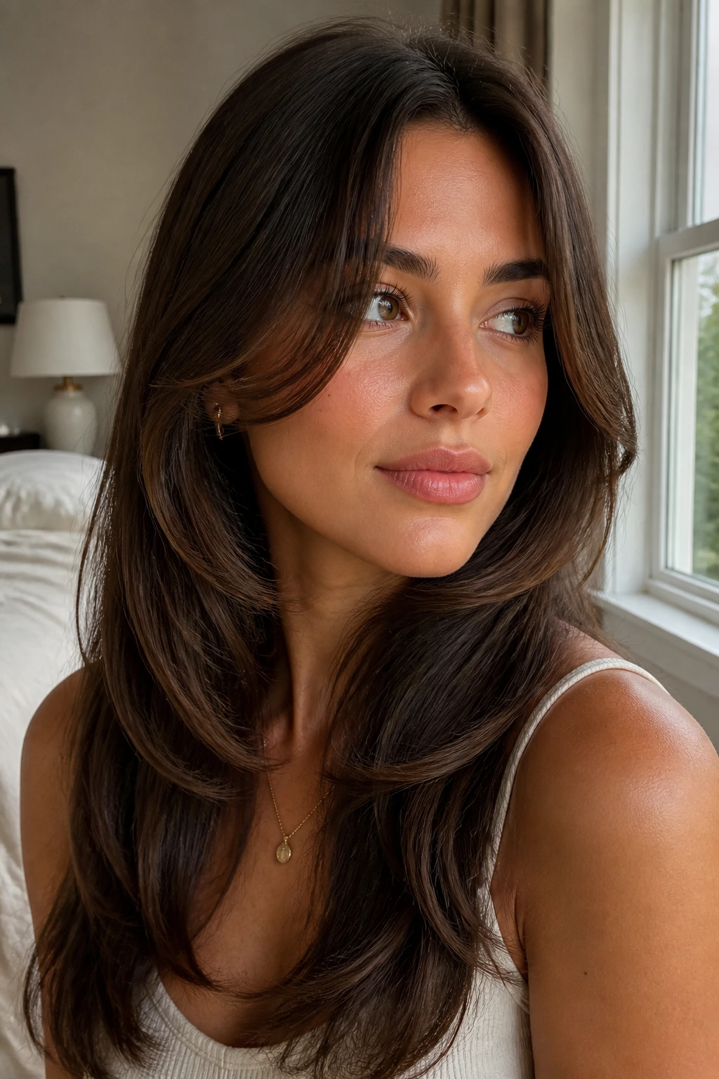 Close-up of a real woman with C-shaped face-framing layers wrapping a heart-shaped face.