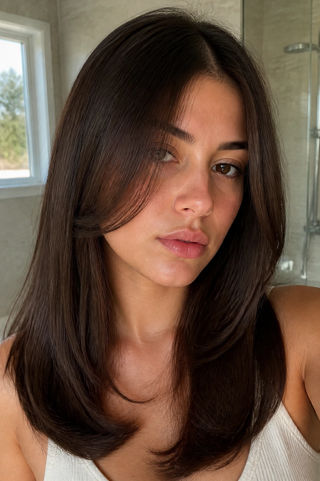 Close-up of a real woman with C-shape layers framing the face in natural window light