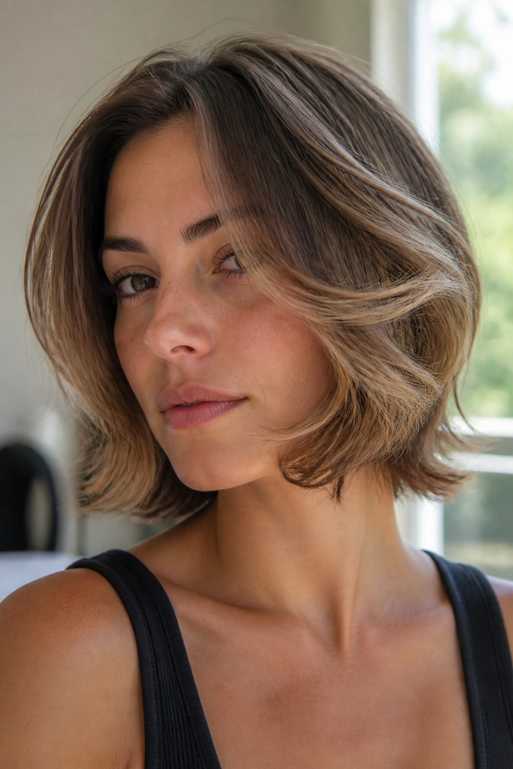 Real person with wind-swept C-shape waves and chin-length layers.