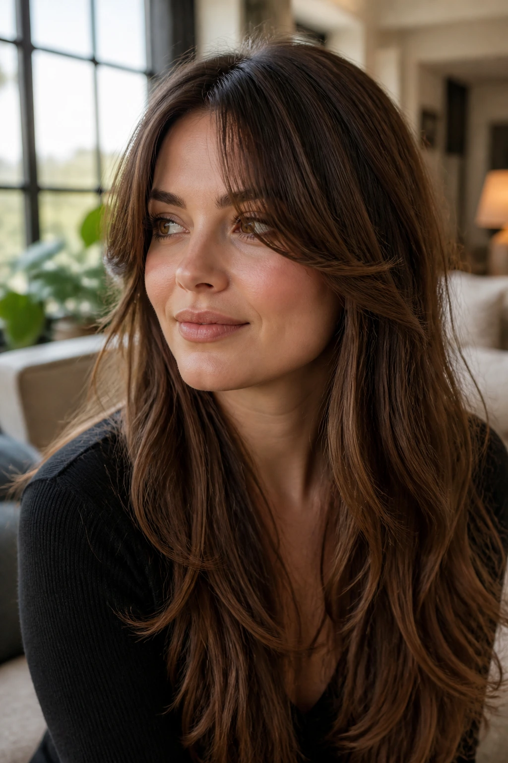 Close-up of a real person with C-shaped bangs curving around the forehead.