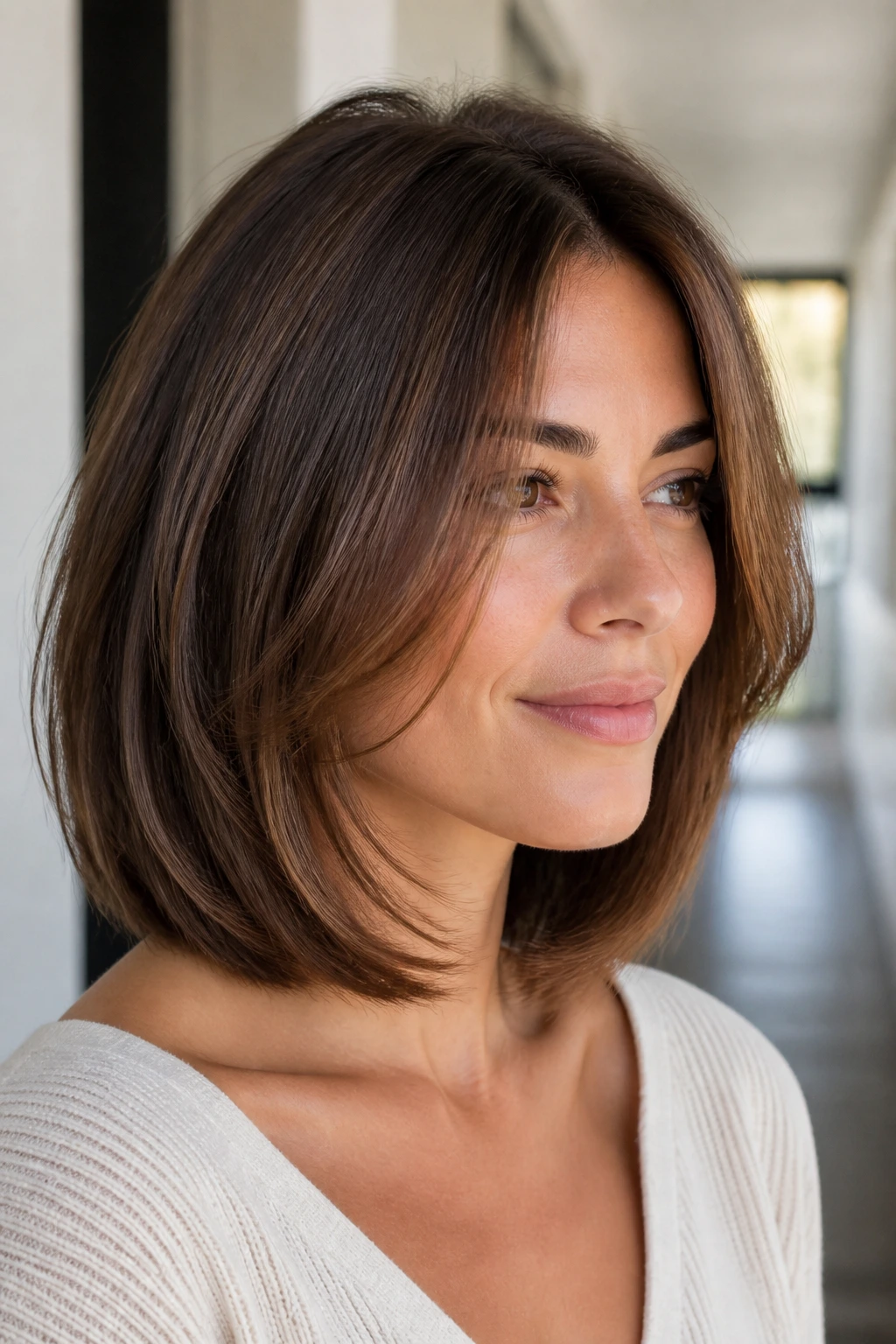 Close-up portrait of a real woman with a C-shaped curved bob, inward-curving silhouette
