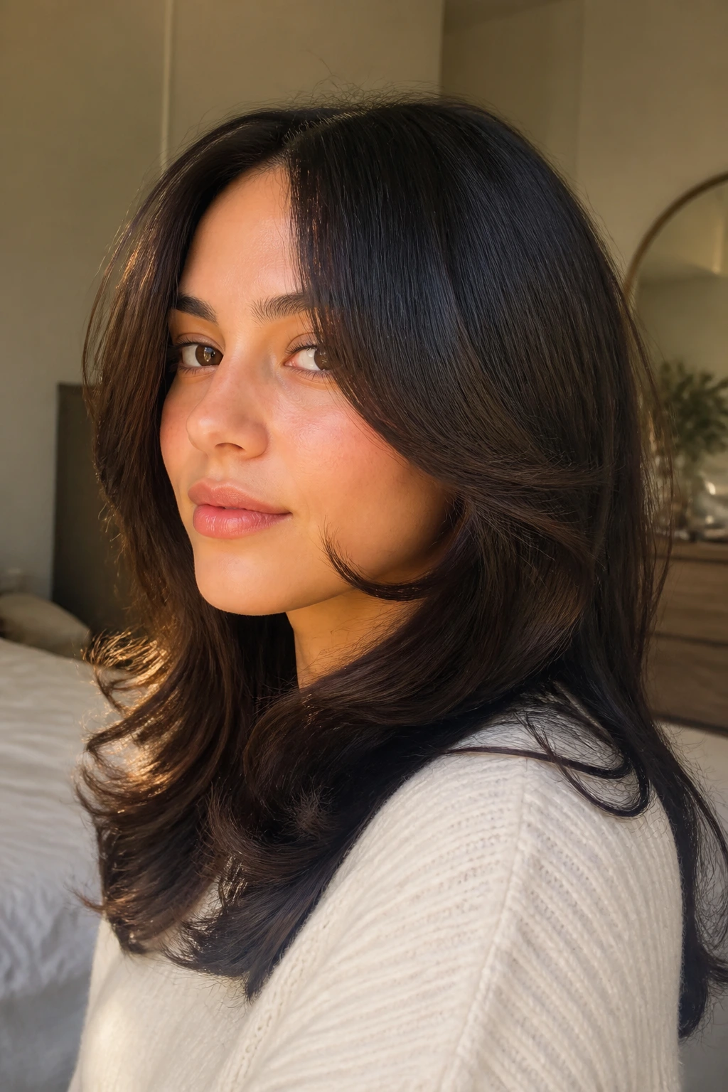 Close-up of a real woman with a soft C-shaped face-framing hair curve starting below the cheekbone