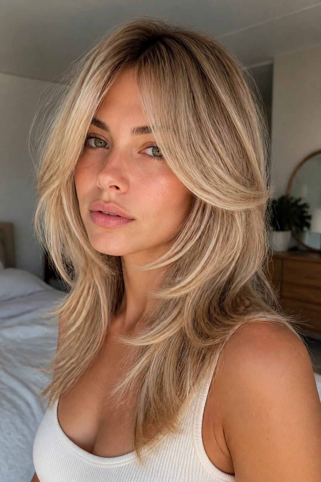 Real woman with C-shaped layer shag, multi-tonal blonde, oval face