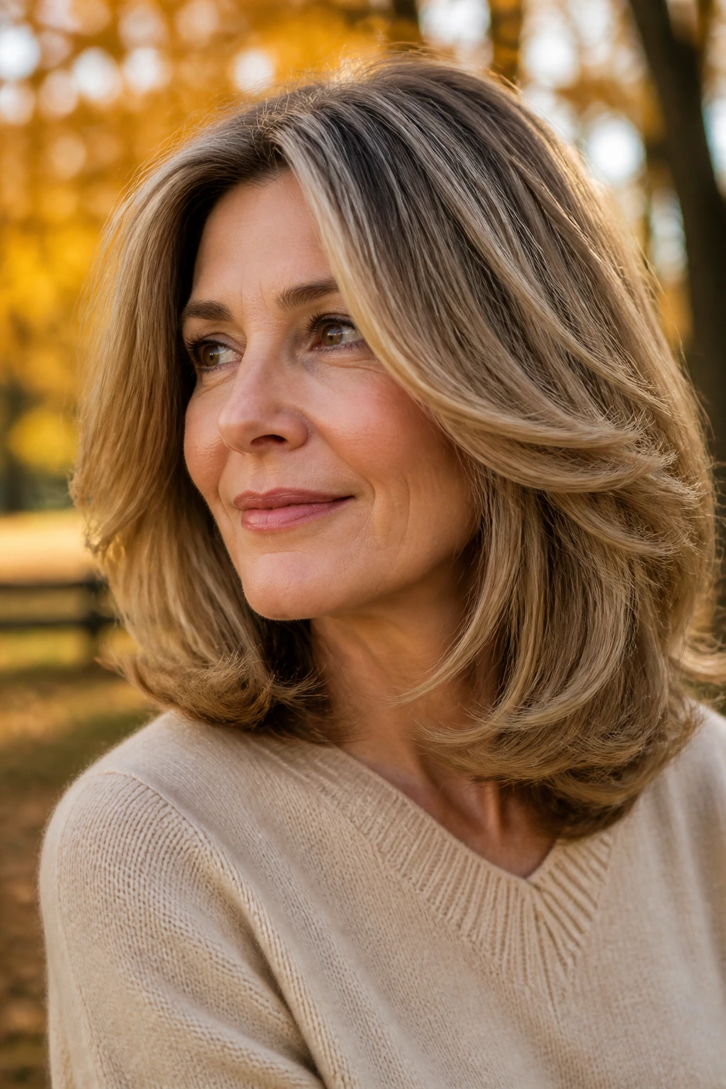 Real woman with medium-length hair featuring C-shaped layers and brushed-out waves in autumn light