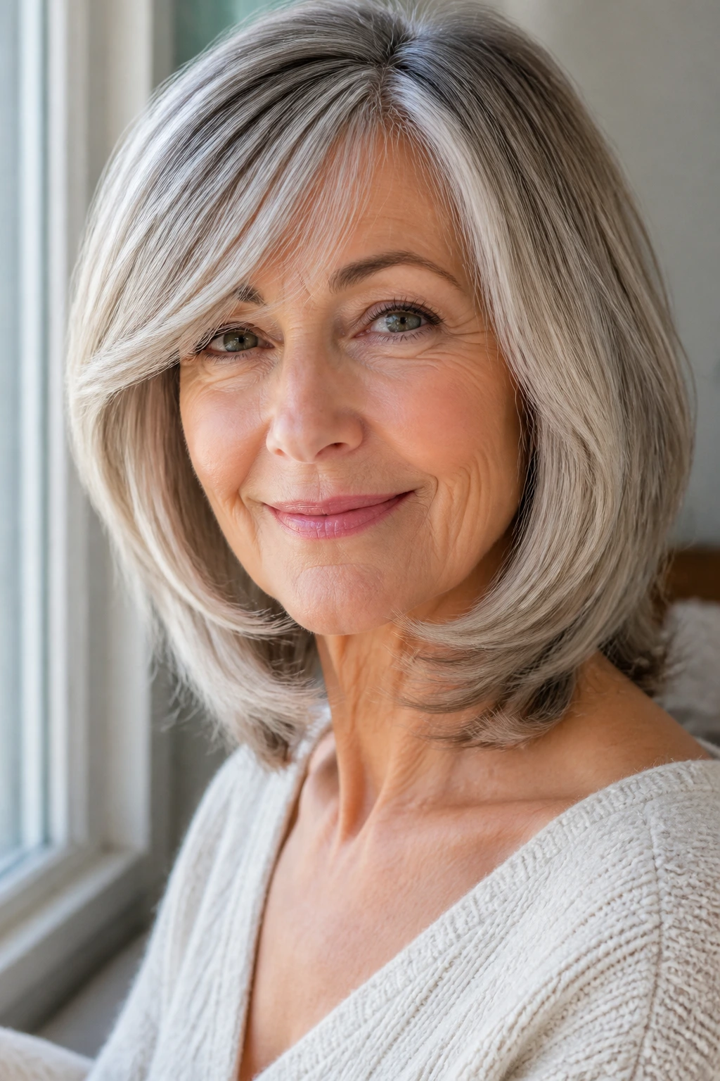 Older woman with C-shaped layers framing the face.