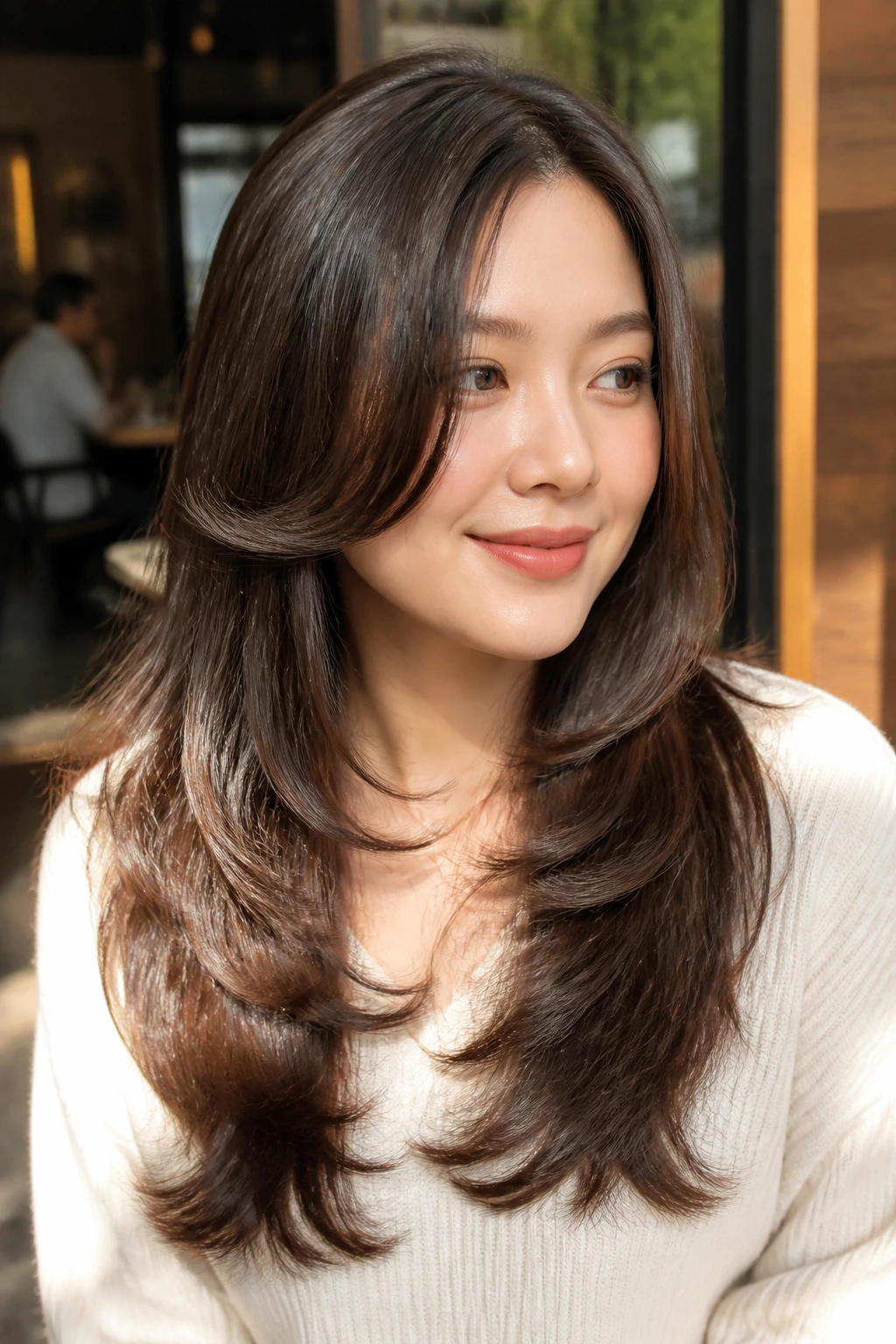 Close-up portrait of a real woman showing C-shaped layers framing the face.