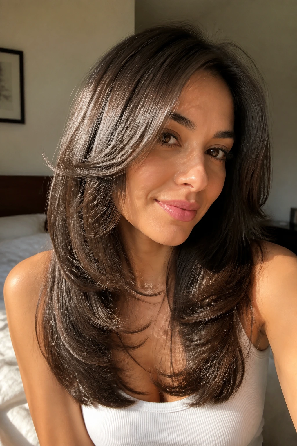 Close-up of a woman with C-shaped face-framing layers in thick hair