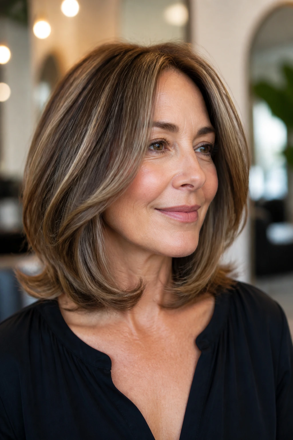 Portrait of a real woman with a C-shaped lob and curved ends, front pieces past the chin.