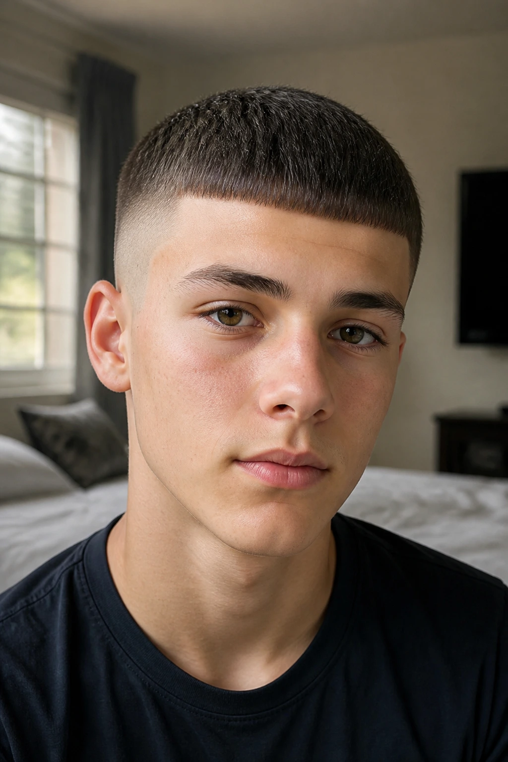 Teen boy close-up with Caesar buzz cut in bedroom light
