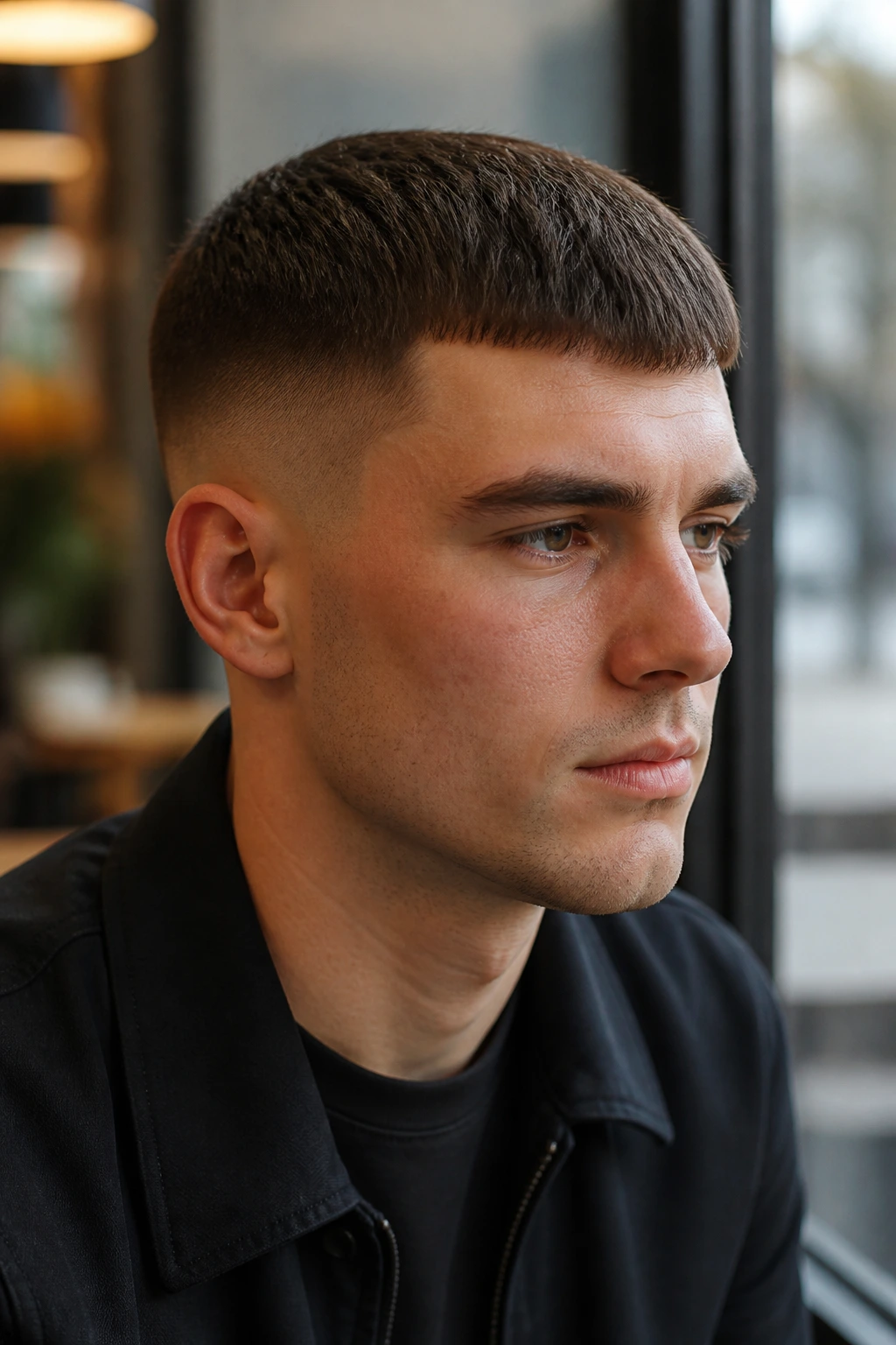 Close-up portrait of a man with Caesar-inspired buzz and forward fringe