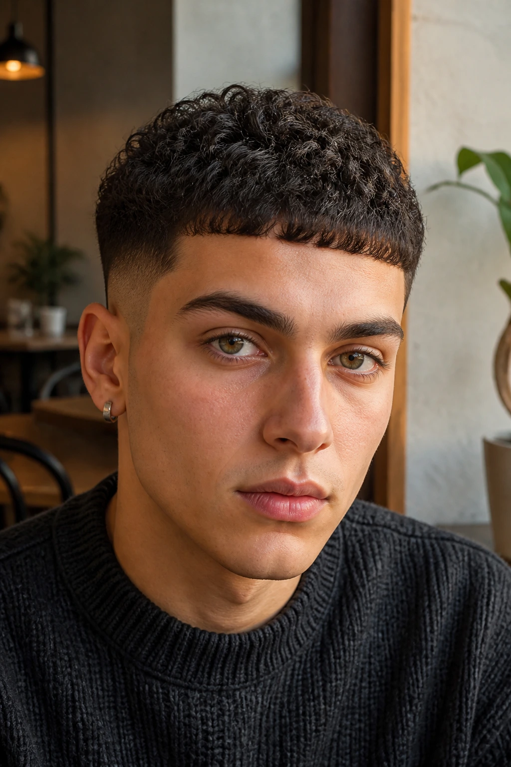 Portrait of a man with curly Caesar crop and blunt fringe