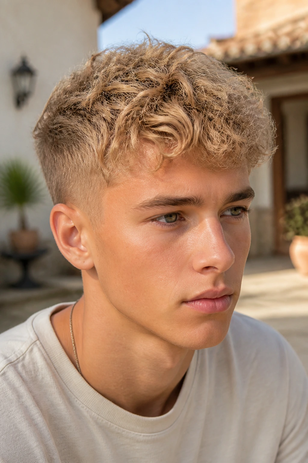 Close-up of a young man with curly Caesar hairstyle in sandy blonde texture outdoors