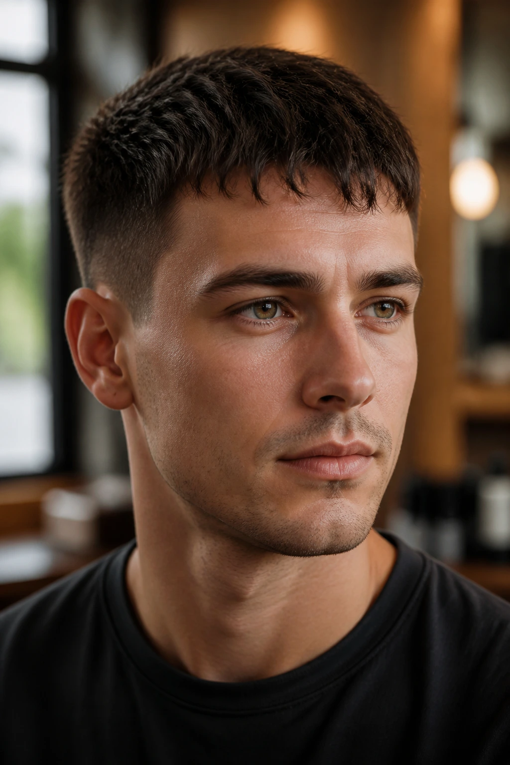 Close-up of Caesar cut with broken fringe on a real man in a barbershop