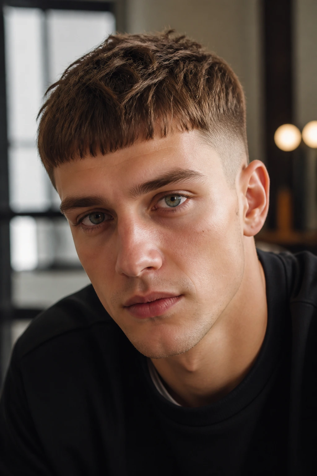 Man's head close-up showing a Caesar cut with forward fringe and chopped texture