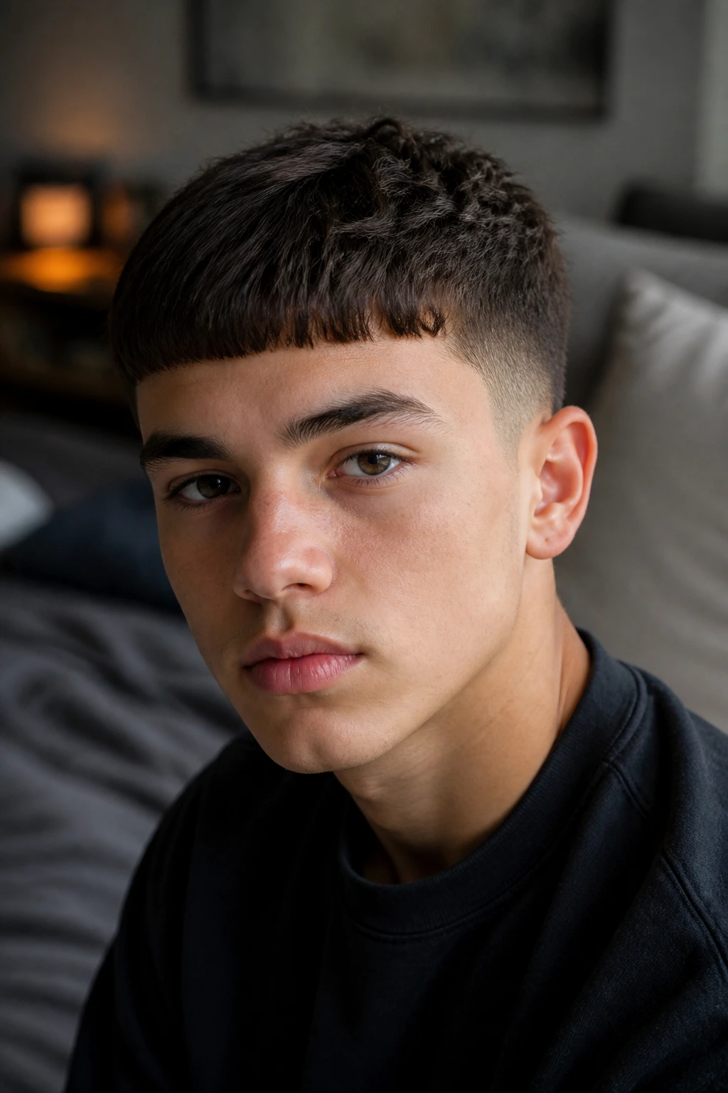 Close-up of a boy with a Caesar cut and blunt fringe