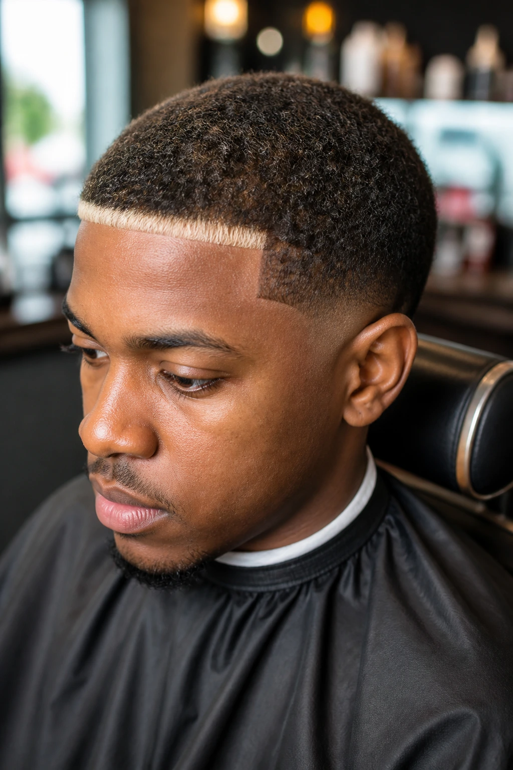 Close-up of a Black man with a Caesar cut and pale front edge.