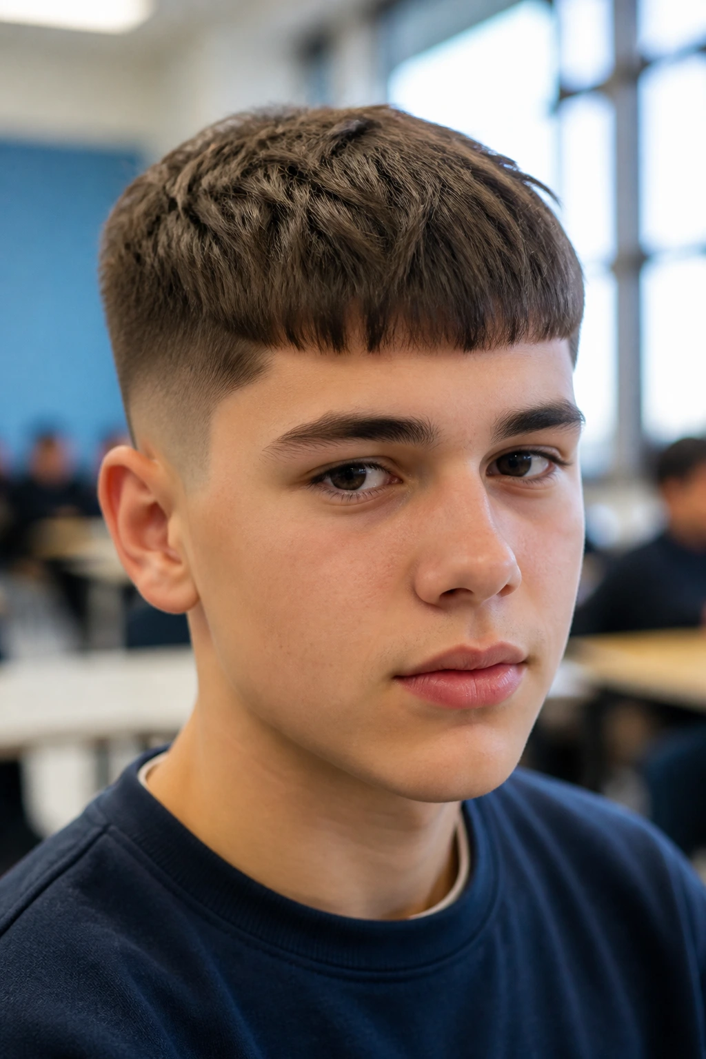 Close-up portrait of a boy with a Caesar cut