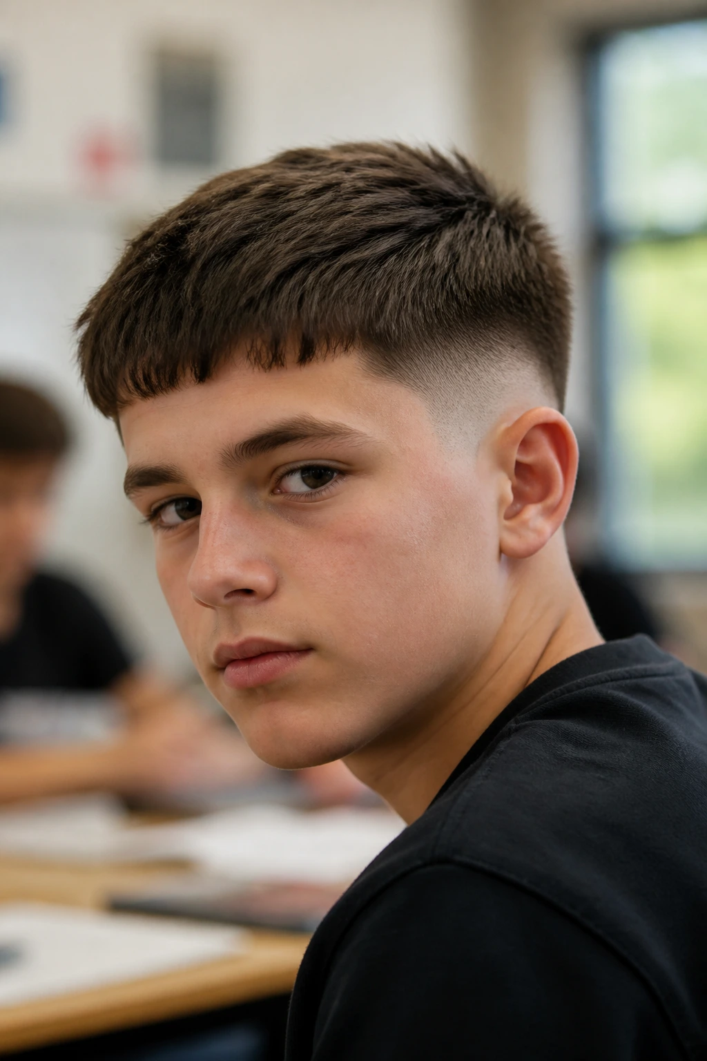 Close-up of a real boy with Caesar cut and taper fade.