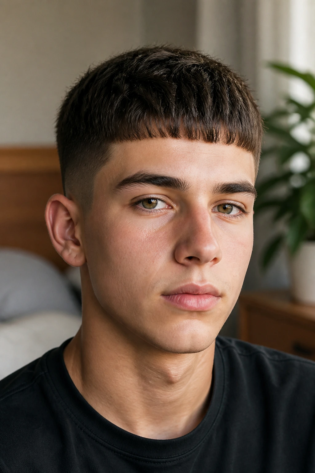 Close-up of a real boy with a Caesar cut featuring a short fringe and tapered sides.