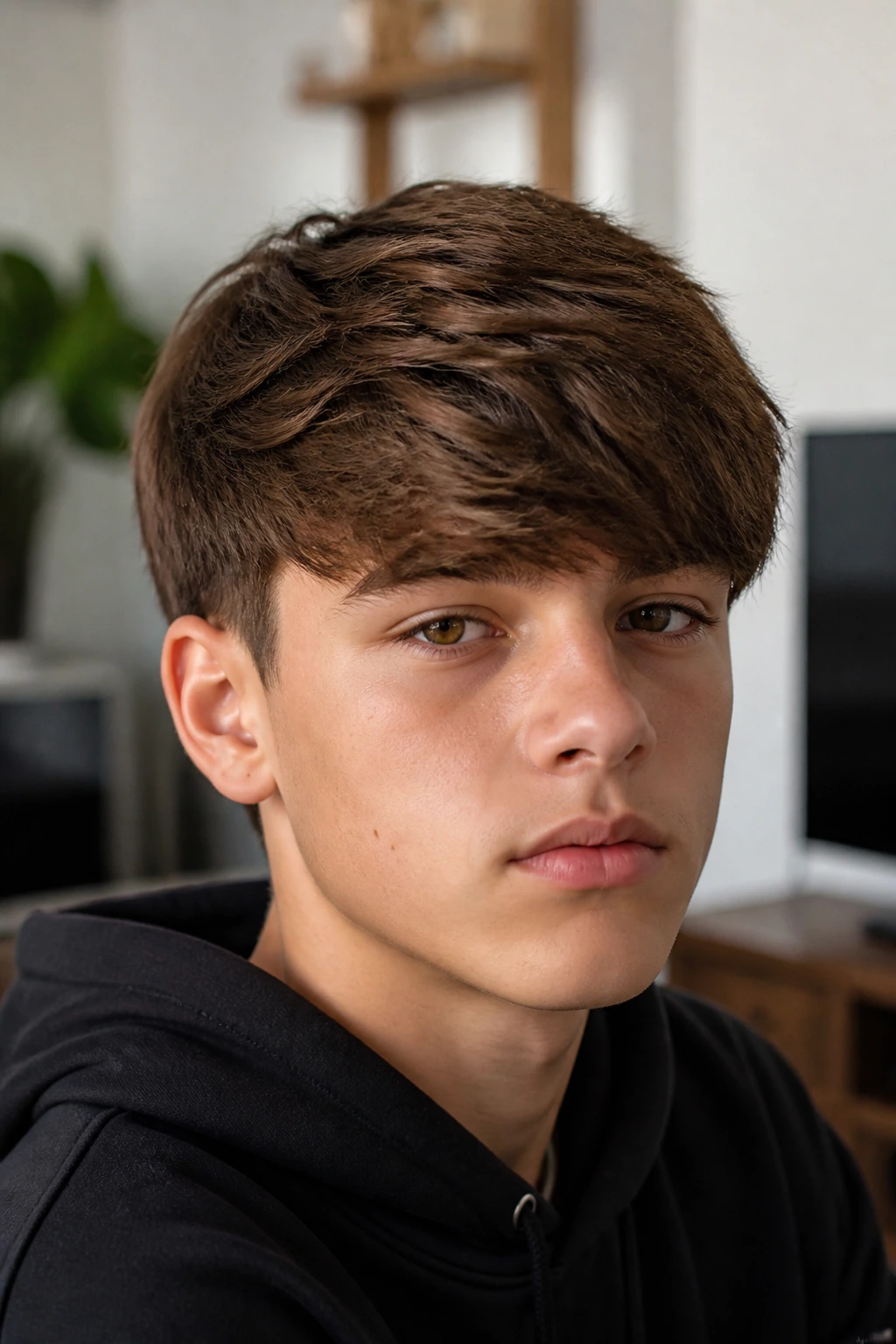 Close-up of a real boy with a long Caesar sweep fringe across the forehead.