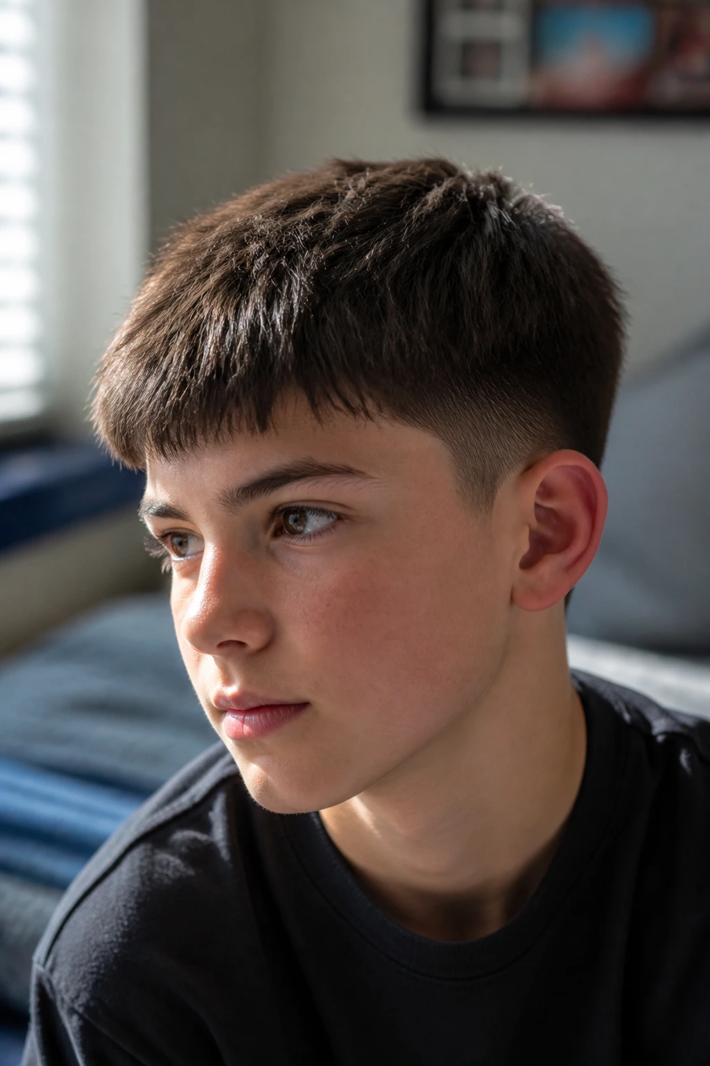 Close-up portrait of a boy with a Caesar Cut with a Soft Edge featuring a forward fringe and short top