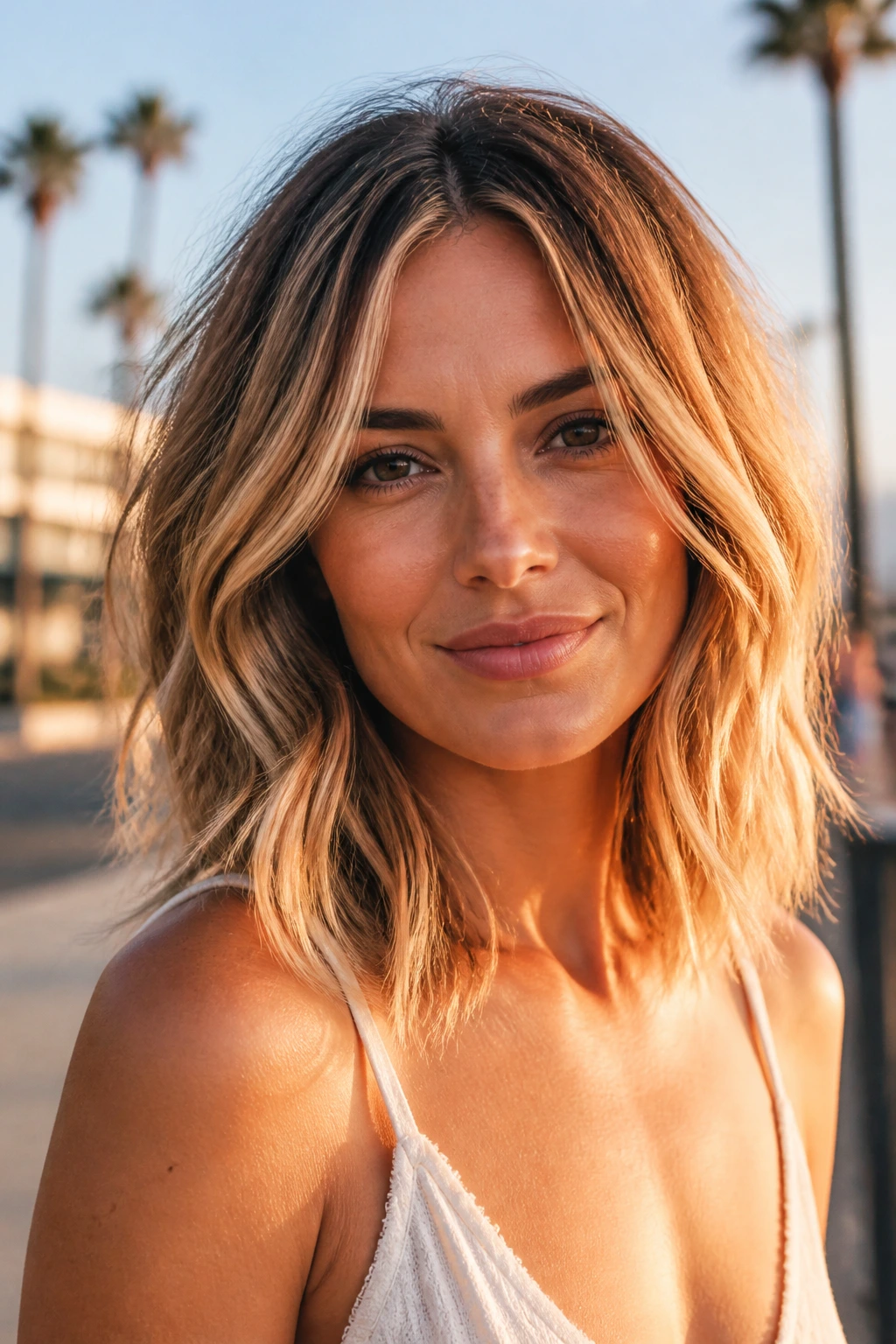 Real woman with California beach-wave lob hair outdoors
