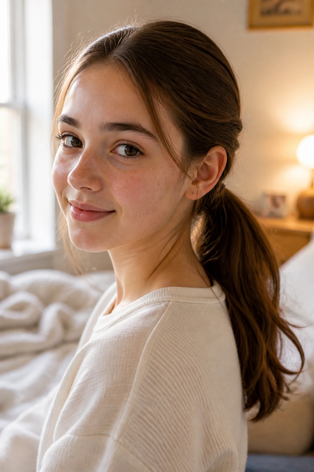 Close-up portrait of a teen girl with a neat low ponytail in a soft morning setting