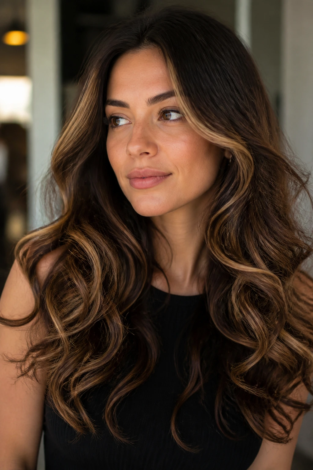 Close-up of a real woman with long curls and camel ends opening the face