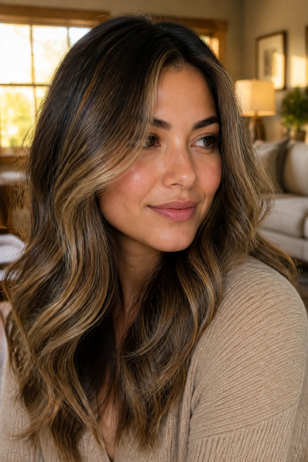 Close-up of brunette with camel highlights in warm window light