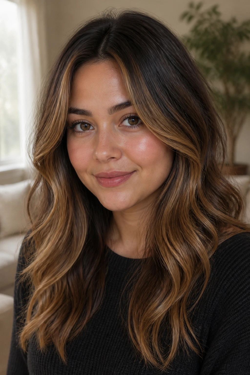 Close-up of a real woman with dark hair and camel highlights framing a round face in natural window light