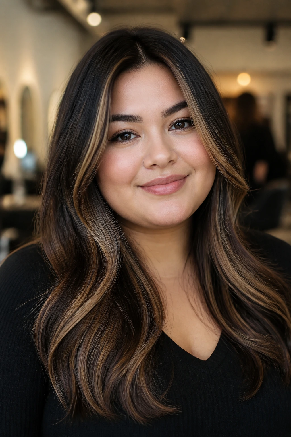 Dark brunette hair with vertical camel highlights