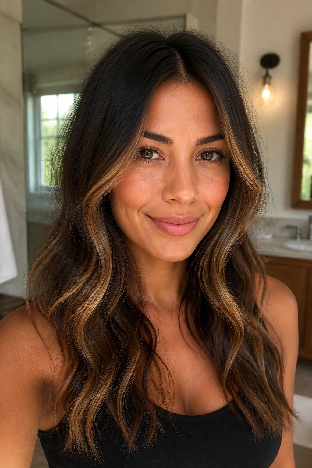 Woman with camel highlights and soft gloss in bathroom light