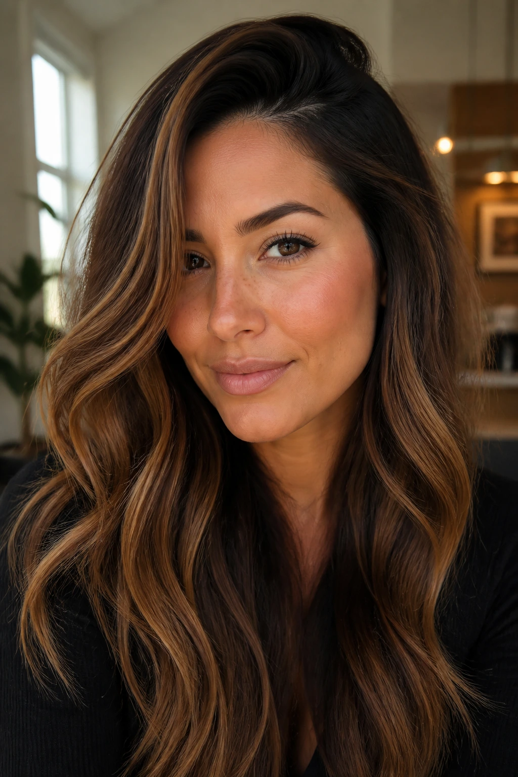 Long hair with camel highlights styled in soft waves and a side part