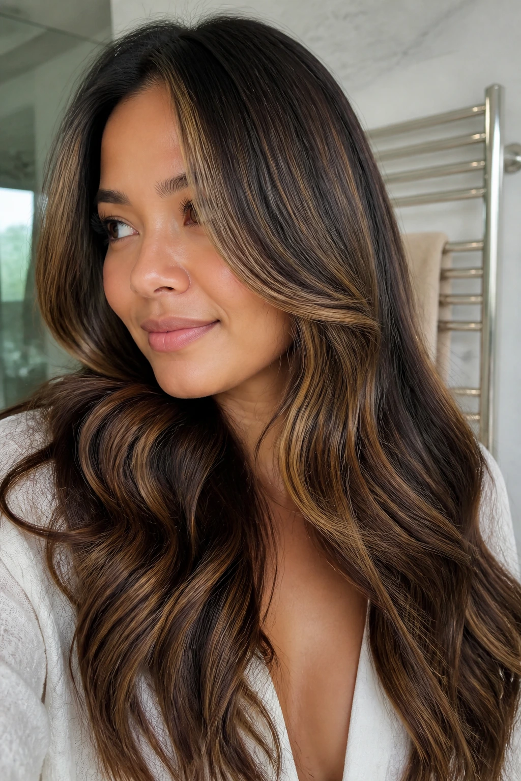 Woman with camel highlights and glossy ends in home bathroom light