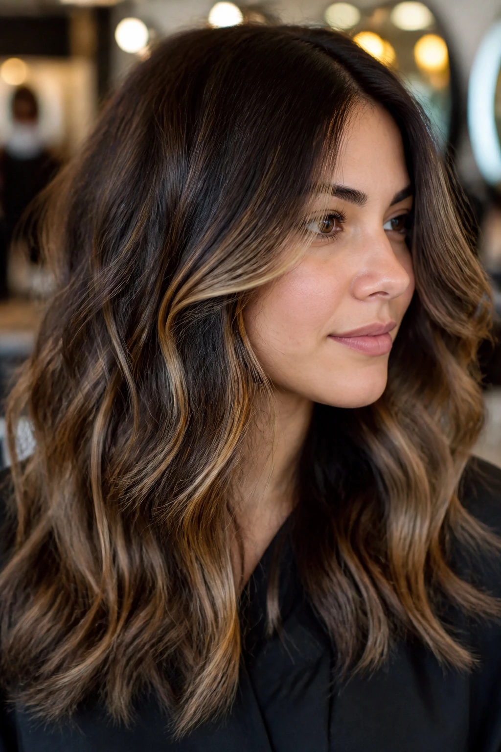Close-up of a real woman with thick hair showing camel slices to break up bulk