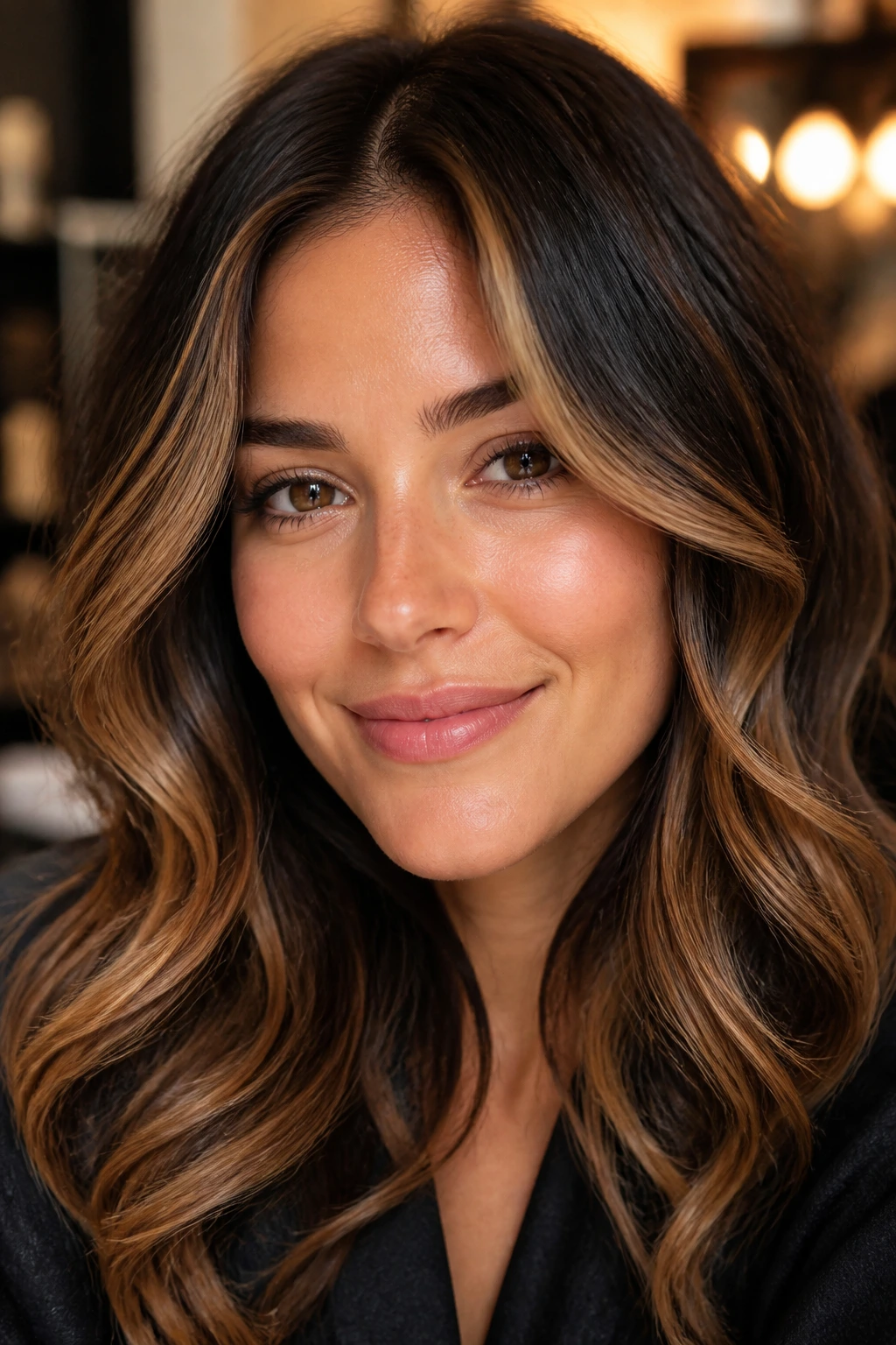 Close-up of brunette hair with camel-toned highlights framing the face