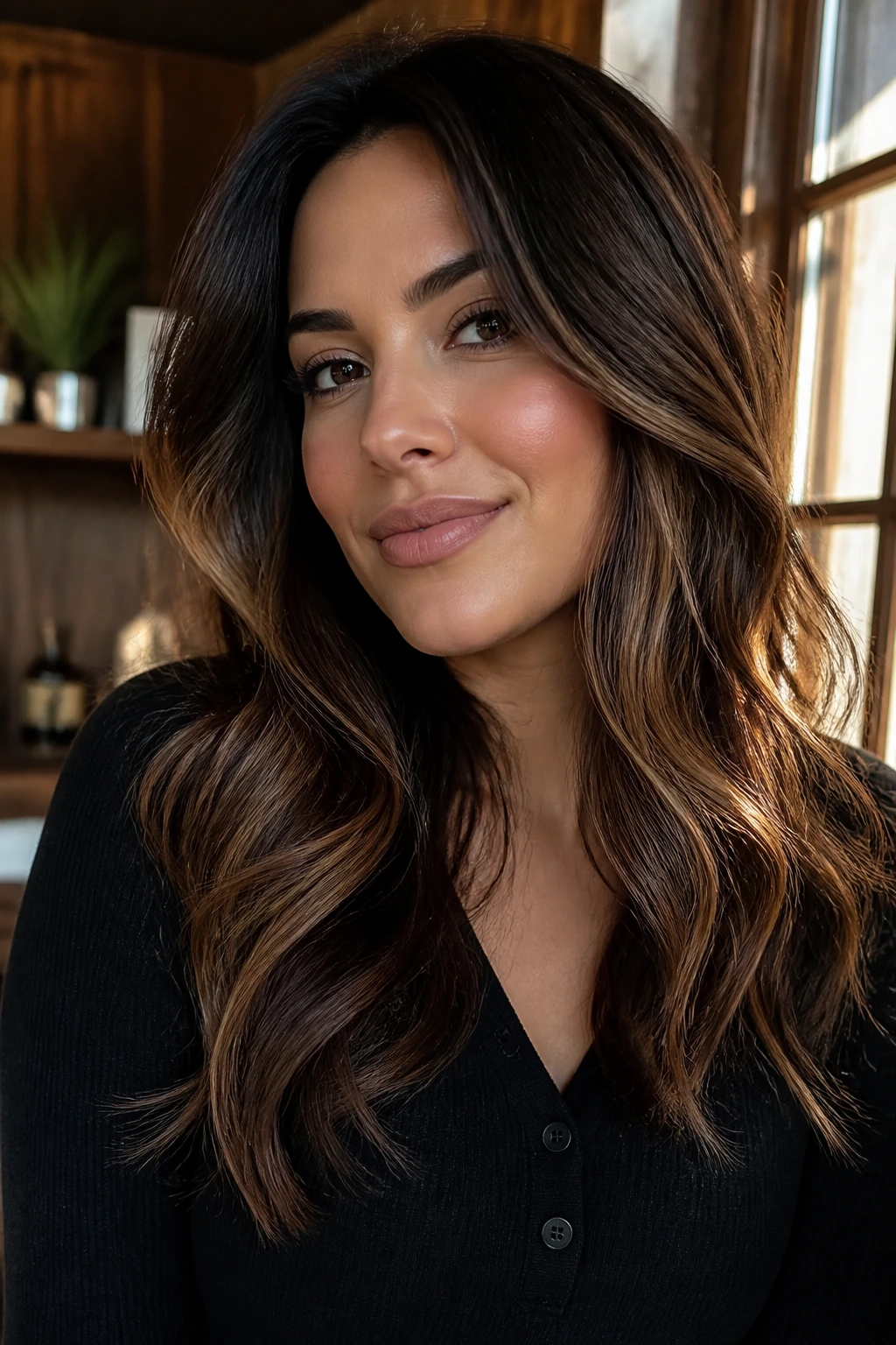 Deep brunette with smoky camel variations on mid-lengths and ends