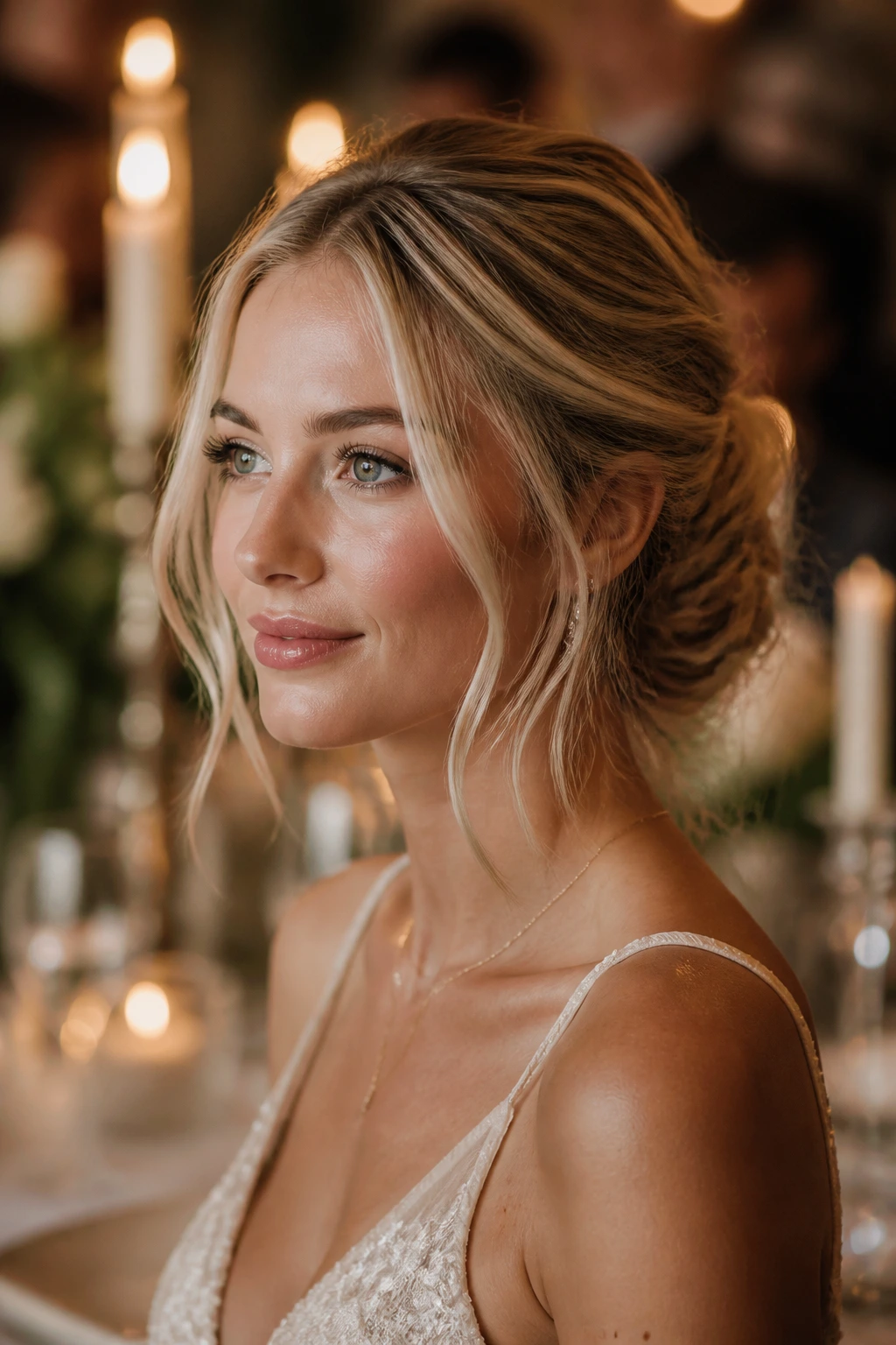 Real woman in candlelit setting with a soft updo and face-framing pieces