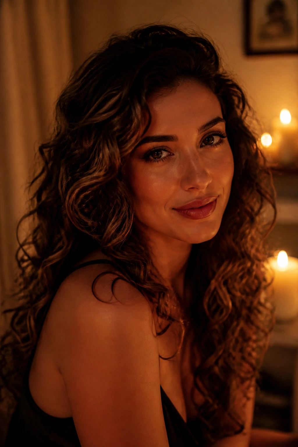 Close-up of a real woman with candlelit date-night waves in warm lighting.