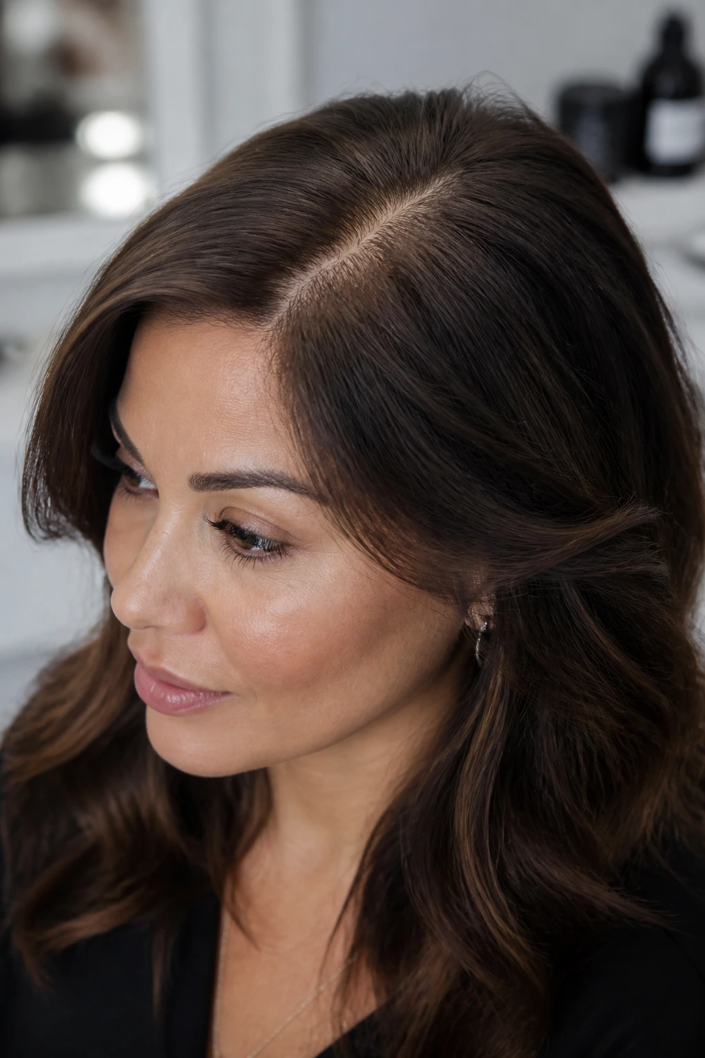 Close-up of a real person wearing a wig showing cap size feel, natural density, and fiber texture
