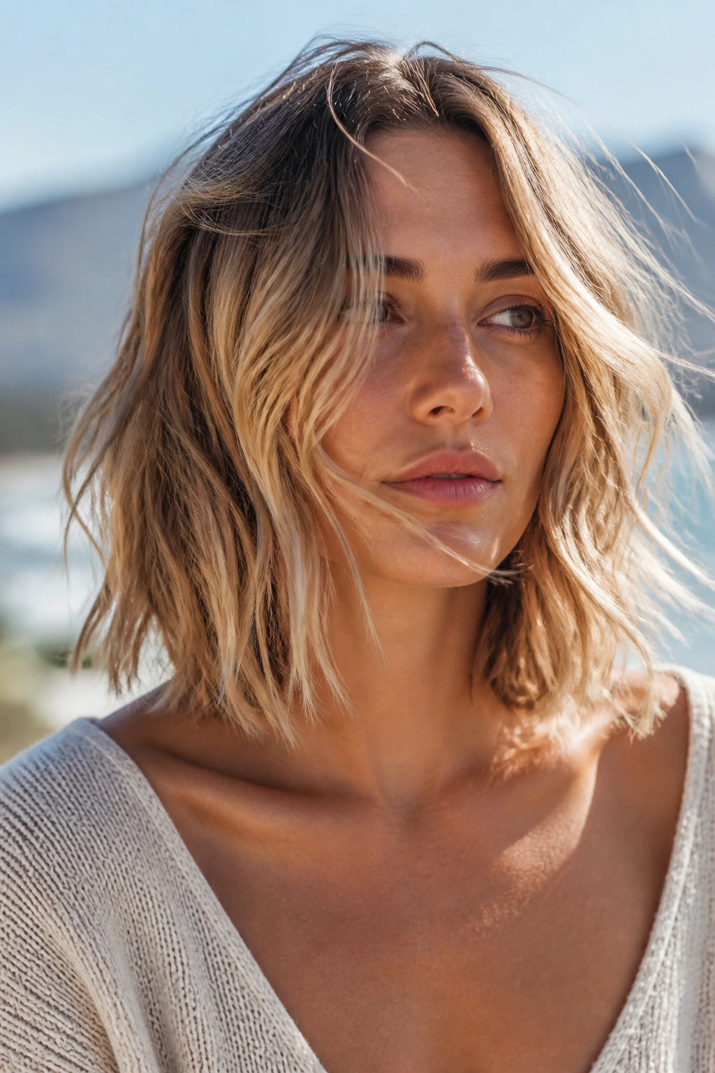 Portrait of a real woman with Cape Town textured collarbone cut in sun-kissed blonde